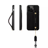 iPhone 16 Pro Max Leather Case Wallet Phone Grip Lanyard Black